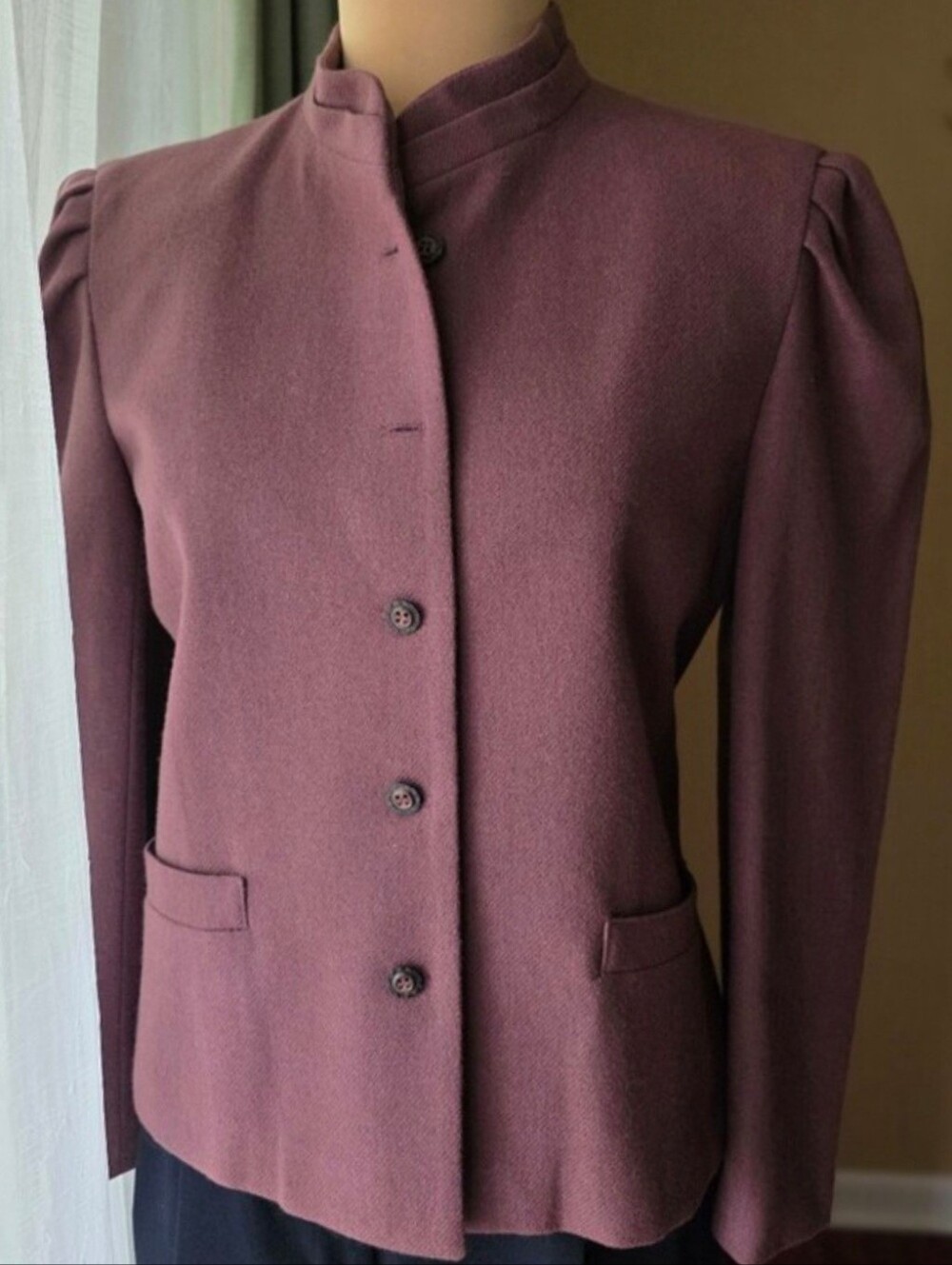 VTG 70s Mauve Wool Puff Sleeve Jacket Victorian Dark Academia Mandarin Collar S